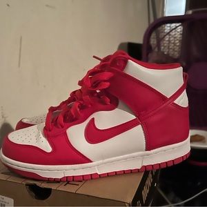 Red and white high top dunks